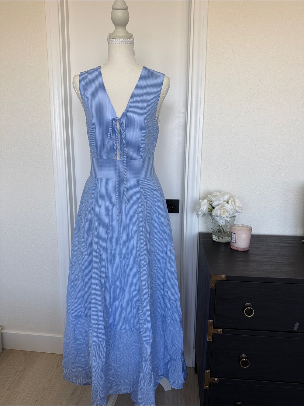 Blue Sleeveless Maxi Dress with Tie Front